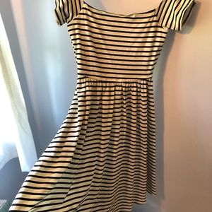 Who What Wear Striped Off the Shoulder Midi Dress